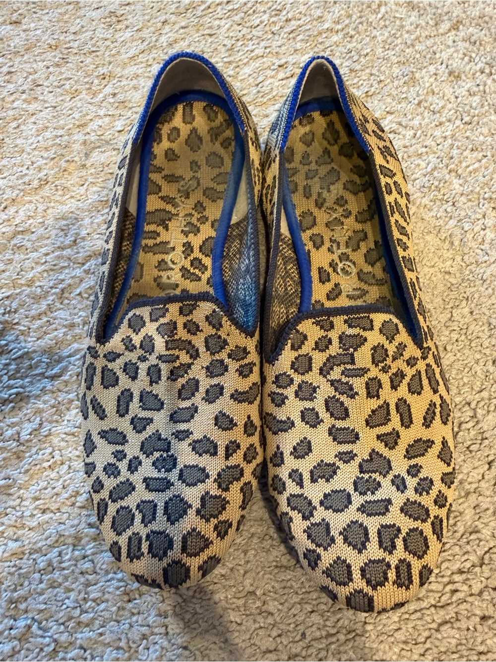 Rothy's Leopard-Print Slip-On Flats in Tan and Black with Blue Trim